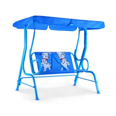 Costway Outdoor Kids Patio Swing Bench With Canopy 2 Seats In Blue