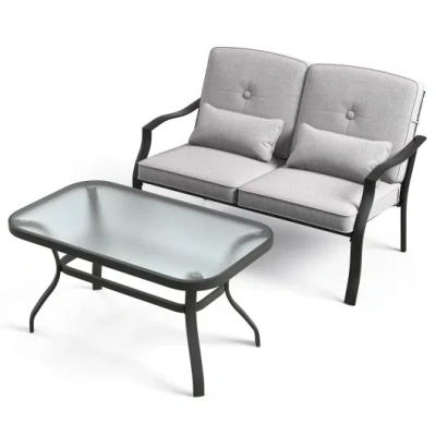 Costway Outdoor Loveseat Chair Set With Tempered Glass Coffee Table In Gray