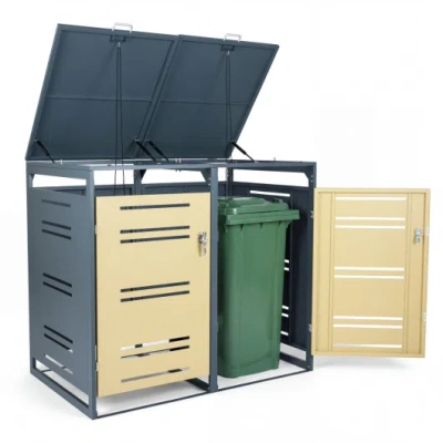 Costway Outdoor Metal Garbage Bin Storage Shed For 2 Trash Cans-yellow In Multi