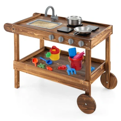 Costway Outdoor Movable Mud Kitchen With 2 Rolling Wheels And 1 Push Handle-natural In Brown