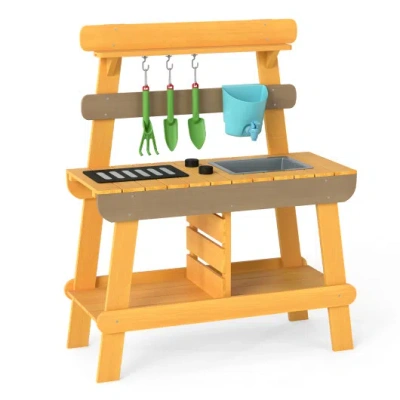 Costway Outdoor Mud Kitchen For Kids Wooden Play Kitchen Toy For Boys Girls Aged 3-8-yellow