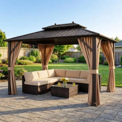 Costway Outdoor Oasis Ultimate Combo: All-weather Rattan Seating Set With Hardtop Gazebo Shelter In Multi