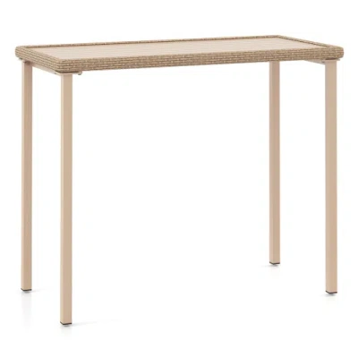 Costway Outdoor Patio Bar Table Heavy Duty Rectangle Metal Frame-brown In Pink