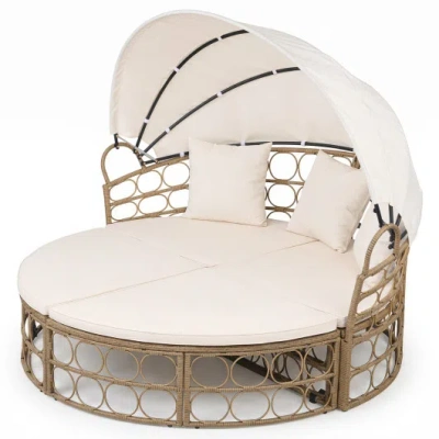 Costway Outdoor Patio Daybed With Retractable Canopy And Cushions Yellow Wicker Rattan Furniture Set-white