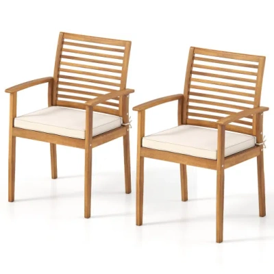Costway Outdoor Patio Dining Chairs Set Of 2 With Removable Padded Cushion And Slatted Backrest-beige In Brown