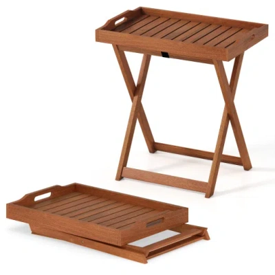 Costway Outdoor Patio Solid Wood Tray Table With Removable Top No Assembly Required In Brown