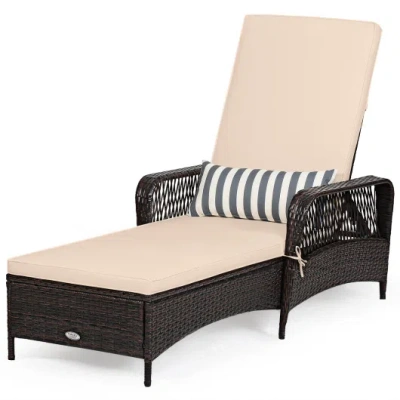 Costway Outdoor Patio Wicker Chaise Lounge Chair With Adjustable Backrest And Pillow-beige In Neutral
