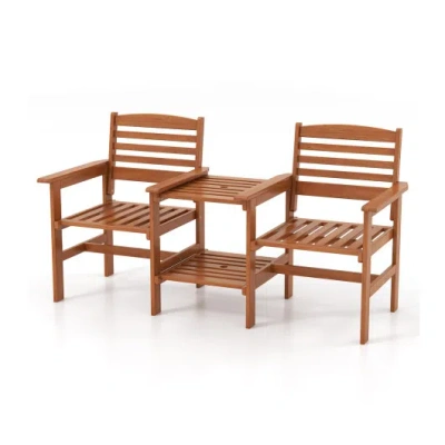 Costway Outdoor Patio Wood 2-seat Conversation Set With Coffee Table And Umbrella Hole In Brown