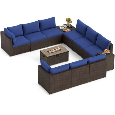 Costway Outdoor Pe Rattan Conversation Set With 32" Propane Fire Pit Table And Tank Holder-navy In Blue