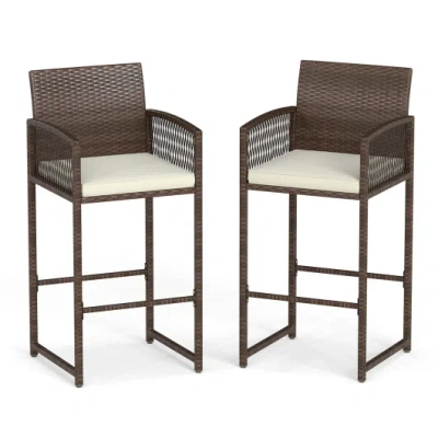 Costway Outdoor Pe Wicker Bar Stools Set Of 2 Patio Bar Height Chairs With Cushions-white In Brown