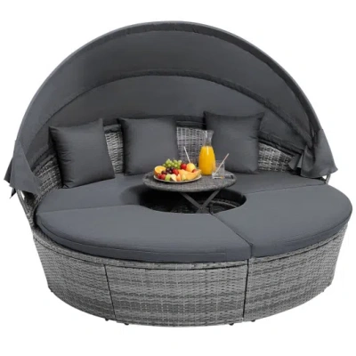 Costway Outdoor Pe Wicker Round Daybed With Retractable Canopy And Cushions-gray In Multi
