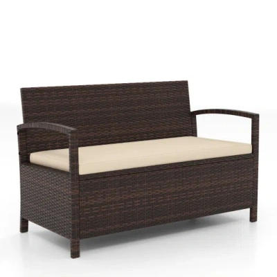 Costway Outdoor Pe Wicker Storage Bench 2 Seater With Cushion And 42 Gallon Deck Box-beige In Brown