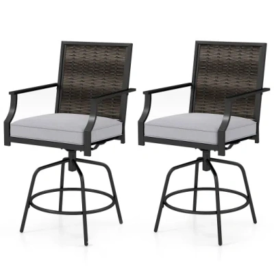 Costway Outdoor Pe Wicker Swivel Bar Stools Set Of 2 Counter Height Patio Chairs With Back-grey In Black