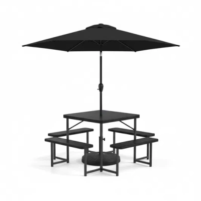 Costway Outdoor Picnic Table Bench Set With Umbrella And Base For 4-8 People In Black