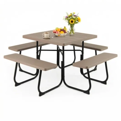 Costway Outdoor Picnic Table With 4 Benches And Umbrella Hole-brown