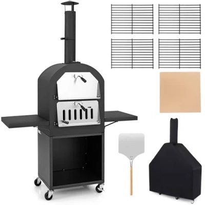 Costway Outdoor Pizza Oven With Protective Cover And Grill Racks And Built-in Thermometer In Black