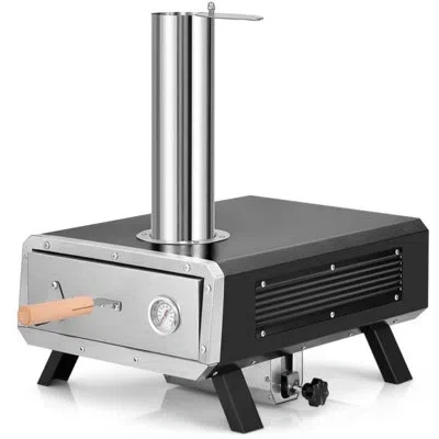 Costway Outdoor Pizza Oven Wood Pellet Pizza Stove With 12" Round Rotatable Pizza Stone In Black;silver