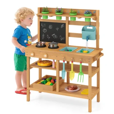 Costway Outdoor Play Pretend Kitchen With Faucet And Removable Sinks For Children Aged 3+-natural In Brown