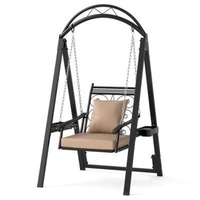 Costway Outdoor Porch Swing With Removable Cushions And Side Tables For Garden Balcony-black