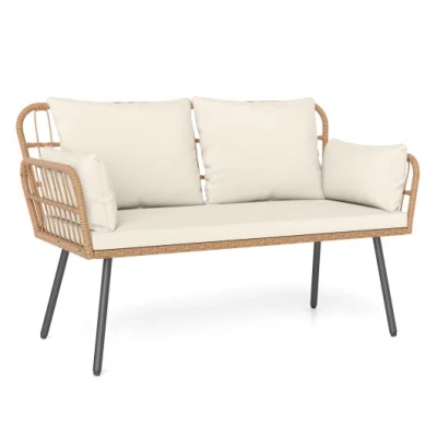 Costway Outdoor Rattan 2-seat Chair With Seat Back Cushions And Heavy-duty Metal Legs-white In Animal Print
