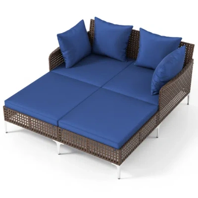 Costway Outdoor Rattan Double Daybed Wicker Chaise Lounge-navy In Blue