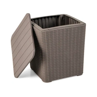 Costway Outdoor Resin Storage Side Table With Removable Lid And Wicker-woven Accent-coffee In Brown