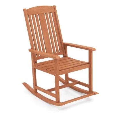 Costway Outdoor Rocking Chair Solid Wood High Back Rocker With Slatted Seat In Brown