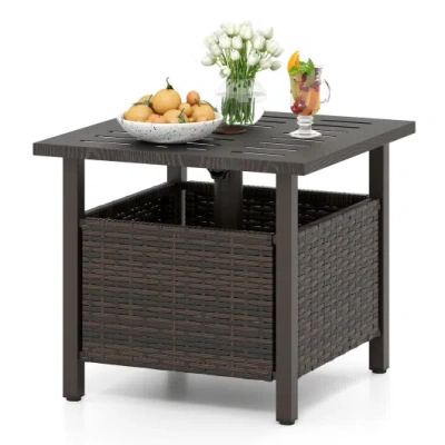 Costway Outdoor Side Table All-weather Pe Wicker Patio Table With Umbrella Hole-brown In Animal Print