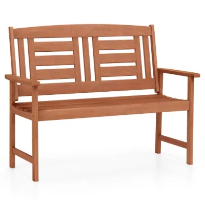 Costway Outdoor Solid Wood Loveseat Hardwood 2-seat Bench With Inclined Backrest And Slatted Seat In Brown