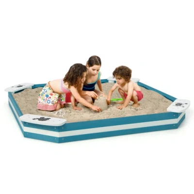 Costway Outdoor Solid Wood Sandbox With 4 Built-in Animal Patterns Seats In Blue