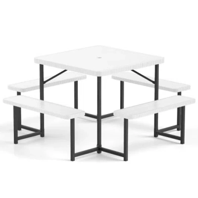 Costway Outdoor Square Picnic Table Bench Set For 4-8 People With Umbrella Hole-white In Multi