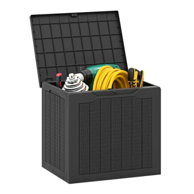 Costway Outdoor Storage Box 25 Gallon Deck Box With Lockable Lid And Wicker-woven Texture-black