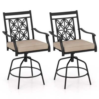 Costway Outdoor Swivel Bar Stools Set Of 2 With Seat Cushions-brown In Black