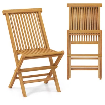 Costway Outdoor Teak Wood Chairs Set Of 2 With Slatted Seat And Backrest In Brown