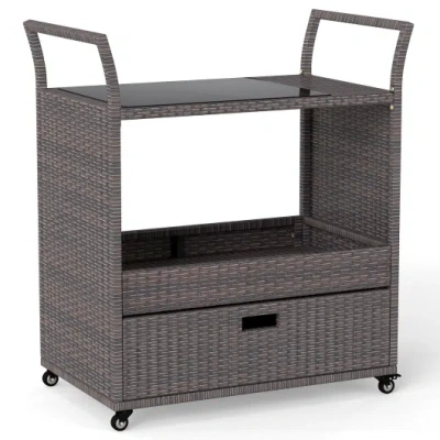 Costway Outdoor Wicker Bar Cart Table With Tempered Glass Top In Gray