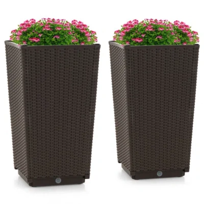 Costway Outdoor Wicker Flower Pot Set Of 2 With Drainage Hole For Porch Balcony-brown