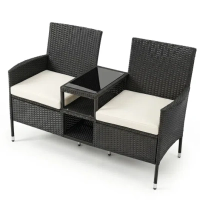 Costway Outdoor Wicker Patio Loveseat With Built-in Glass Side Table-white In Black