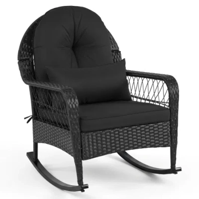 Costway Outdoor Wicker Rocking Chair With Anti-tip Stoppers And Thick Cushions For Porch-black