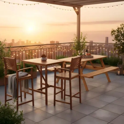 Costway Outdoor Wood Picnic Table With Benches & Bar Table With 2 Stools In Multi