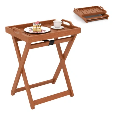 Costway Outdoor Wood Tray Table Portable Side End Table With Folding Frame In Brown