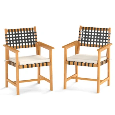 Costway Outdoor Wooden Dining Chair Set Of 2 With Armrests And Curved Back-white In Brown