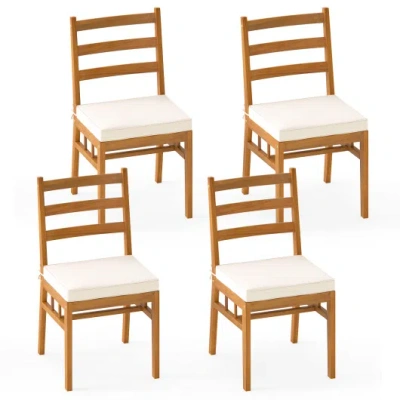 Costway Outdoor Wooden Dining Chair Set Of 4 With Padded Seat Cushions-white In Brown
