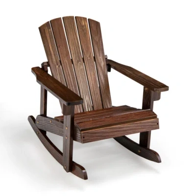Costway Outdoor Wooden Kid Adirondack Rocking Chair With Slatted Seat-coffee In Brown