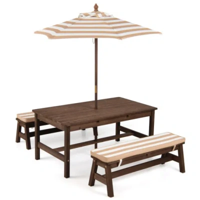 Costway Outdoor Wooden Kids Picnic Table With Removable Umbrella And Cushions-coffee In Multi