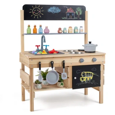 Costway Outdoor Wooden Mud Kitchen For Kids With Sink And Stoves-natural In Brown