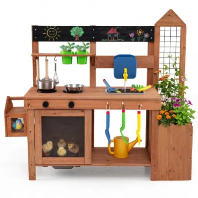 Costway Outdoor Wooden Mud Kitchen With Planter Box And Sink For Toddlers-natural In Brown