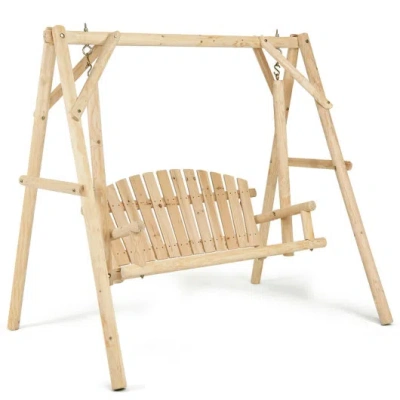 Costway Outdoor Wooden Porch Bench Swing Chair With Rustic Curved Back In Brown