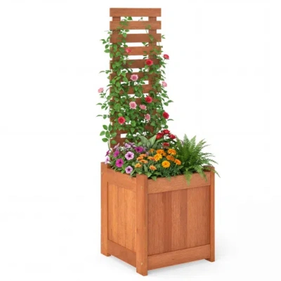 Costway Outdoor Wooden Raised Garden Bed With Trellis In Brown