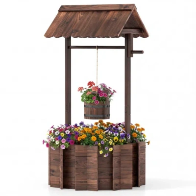 Costway Outdoor Wooden Wishing Well Planter Bucket In Brown