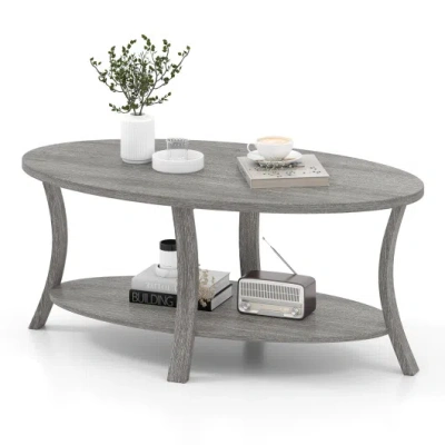 Costway Oval Coffee Table 2-tier Center Table With Storage Shelf-gray